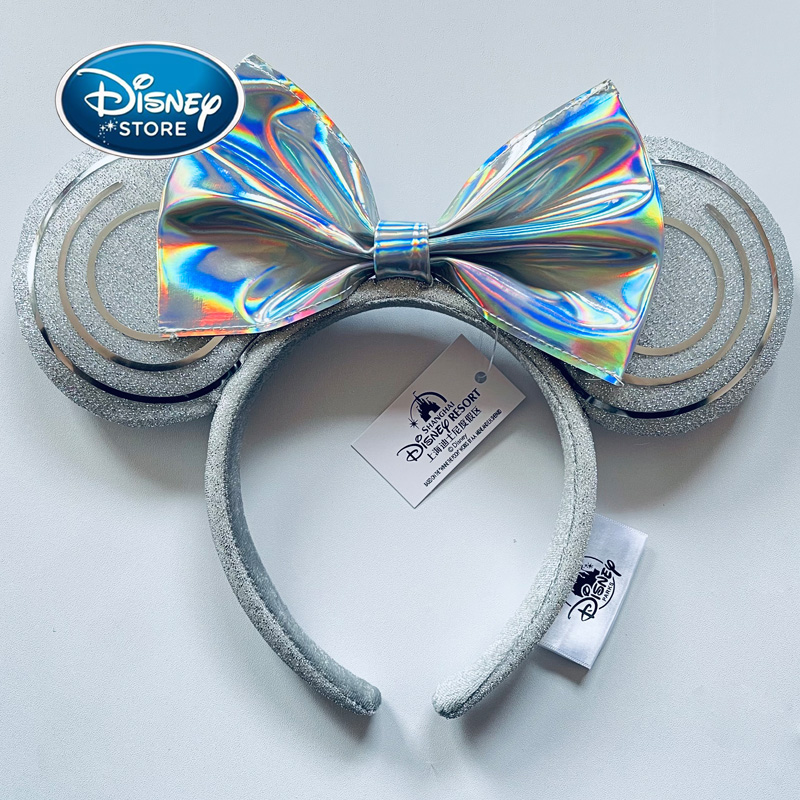 Disney Silver Glitter Minnie Mickey Mouse Ears Headband With Holographic Iridescent Bow Theme Park Cosplay Hair Accessory For Women Girls