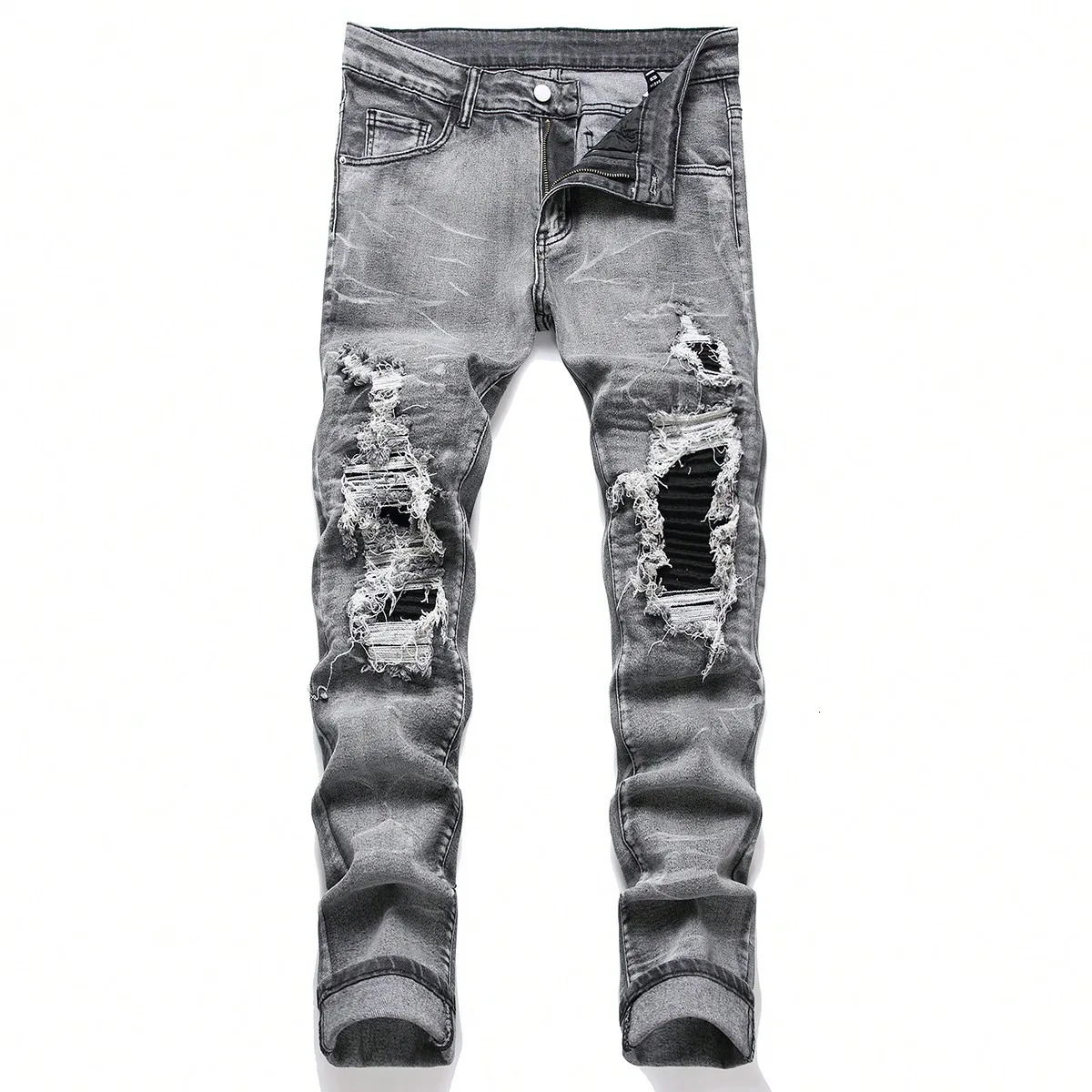 Mens Stretchy Denim Jeans Streetwear Tearing Patchwork Holes Ripped Elastic Waist Casual Pants Slim Fit Straight Trousers 261017