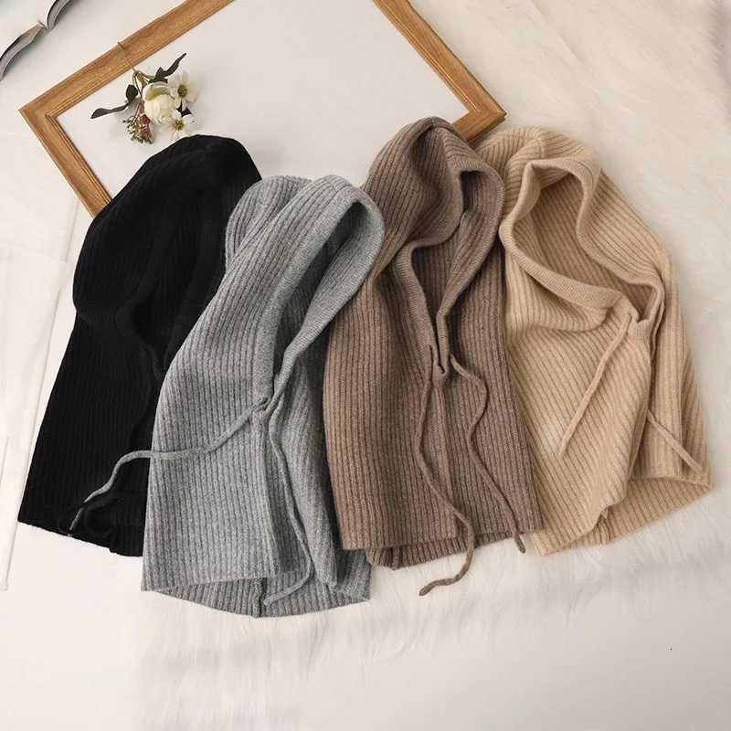 Beanie/Skull Caps Knitted Hooded Neck Warmer Drawstring Pullover Balaclava Solid Color Ribbed Hat Scarf All In One Outdoor Windproof Accessory Q2610