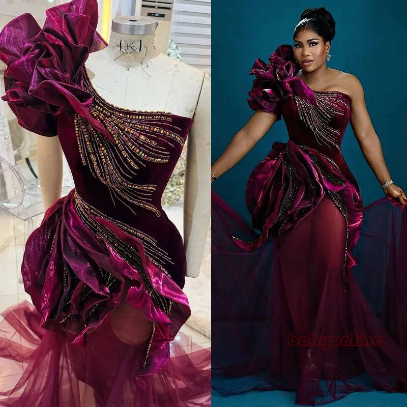 Plus Size Burgundy Mermaid Prom Dress Evening Dresses One Shoulder Side Split Beaded Sequined Lace Formal For Nigeria Black Women Birthday Gowns Am3