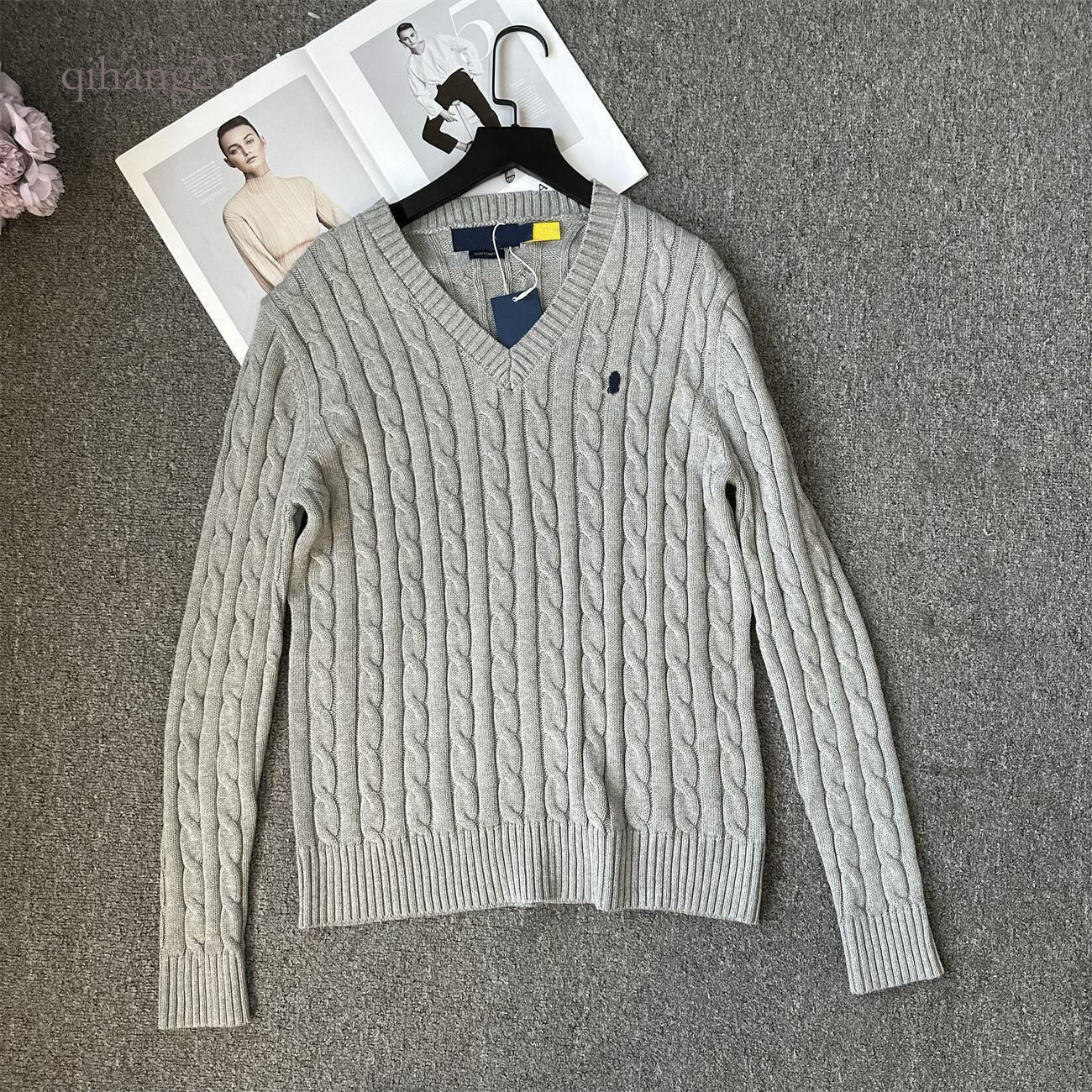 Ralfs Laure Women Designer Pony Embroidery Sweater Luxury Clothes Women V Neck Long Sleeve Solid Color Wool American Style Knitted Polo Sweater Pull
