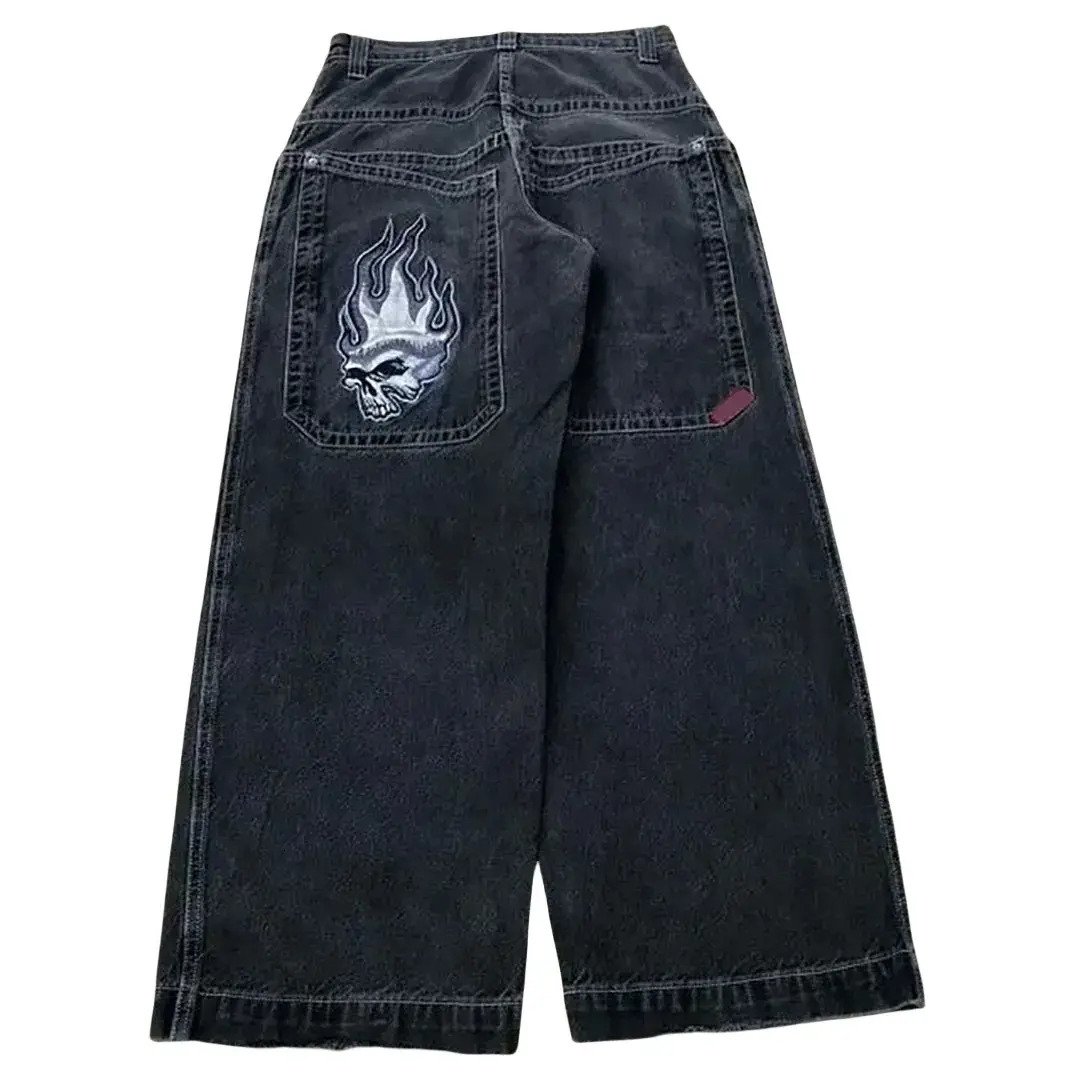 Men Jeans Jeans Harajuku Gothic trousers JNCO Y2k Mens Hip Hop Retro Graphic Embroidered Baggy Black Pants High Waisted Wide Trousers Denim Pants