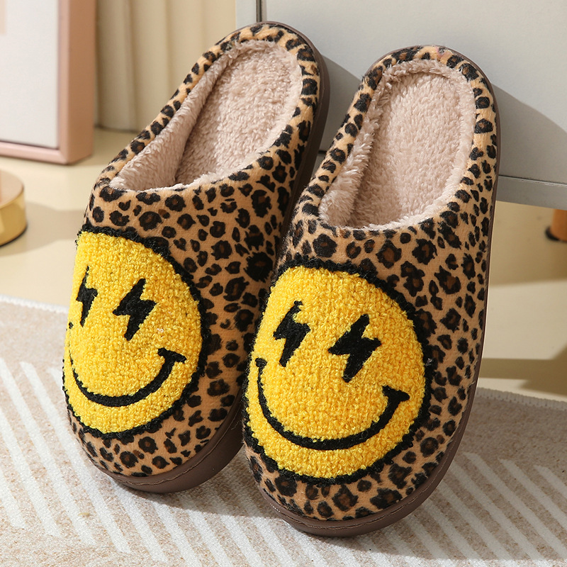 Leopard Print Home for Women Cartoon Smile Soft Sole Cotton Slides Woman New Winter Warm Plush Slippers Cute Houseshoes ddmykukumalu