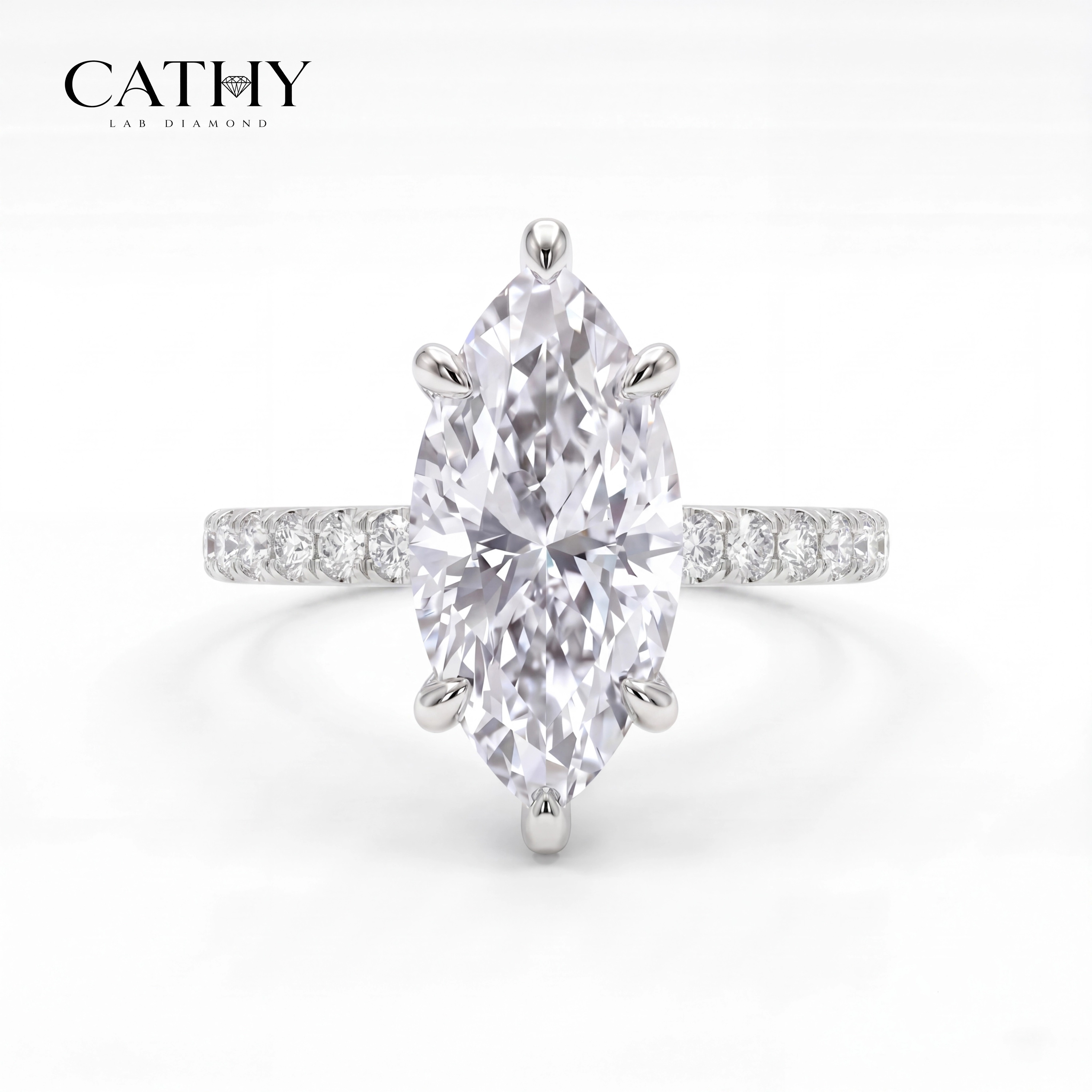 CATHY 1ct 2ct Marquise Cut Lab Grown Diamond Engagement Ring Six Prong Setting Pave Band White Gold IGI Certificate