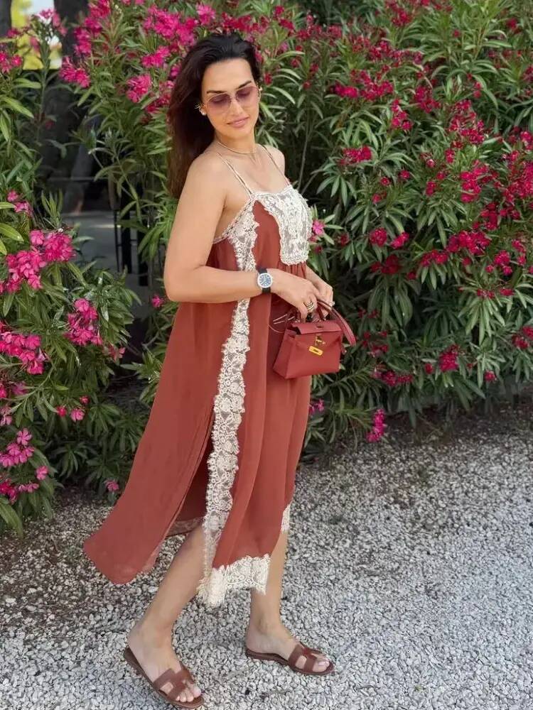 Urban Sexy Dress Women bodycon Rust Lace Patchwork Cami Midi Dress Boho Square Neck Sleeveless Loose Flowy Casual Dresses Ladies Summer Vacation Rob