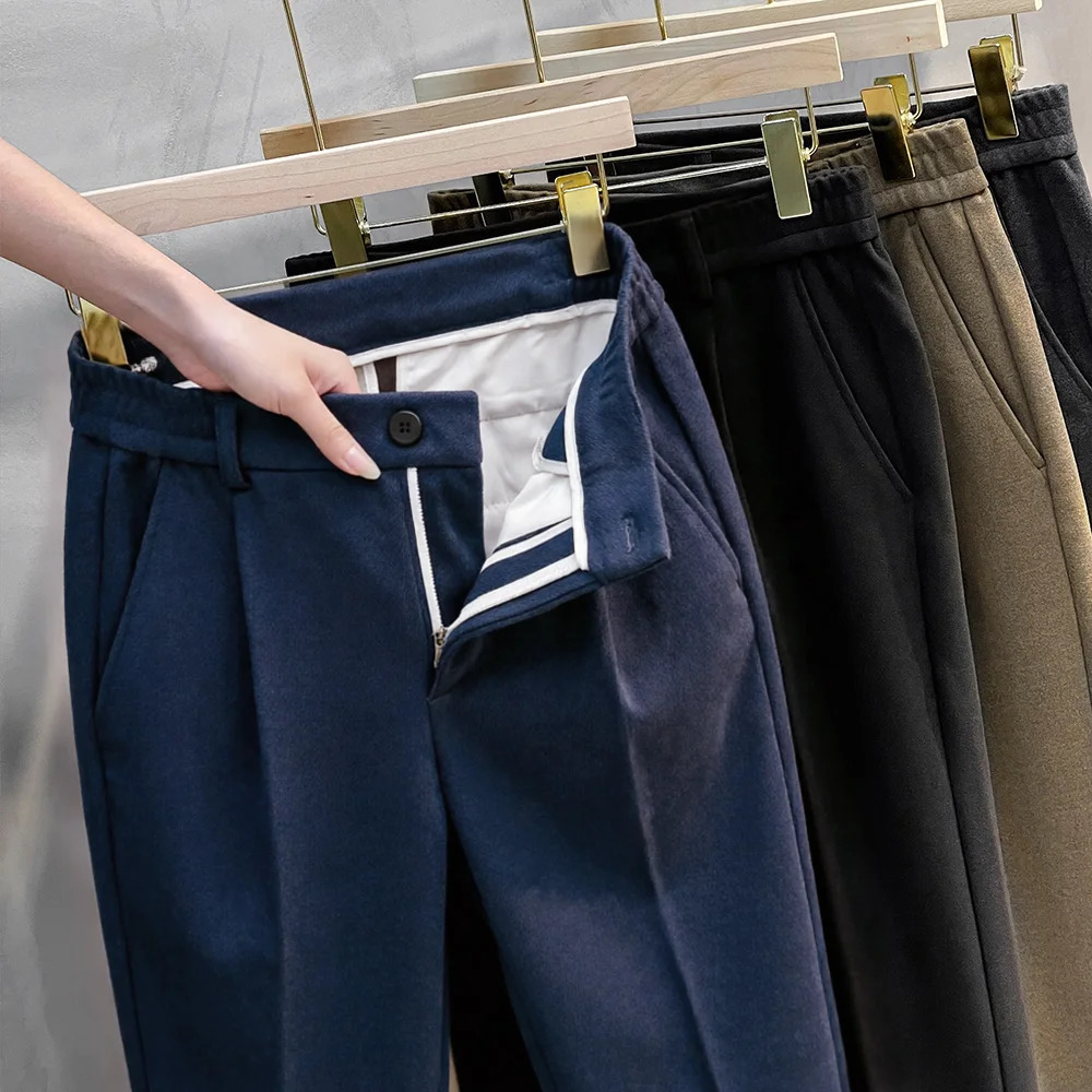 High Quality Autumn Winter Warm Thicked Mens Suit Pants Business Elastic Waist Classic Straight Korean Work Formal Trouser Male 261016