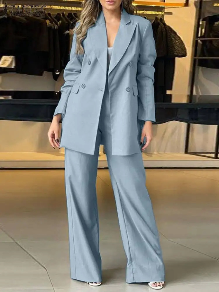 ZANZEA 2PCS Elegant Lapel Neck Long Sleeve Blazer Suits Solid Wide Leg Pants Sets Fashion Autumn Outifit Women OL Work Tracksuit 261016