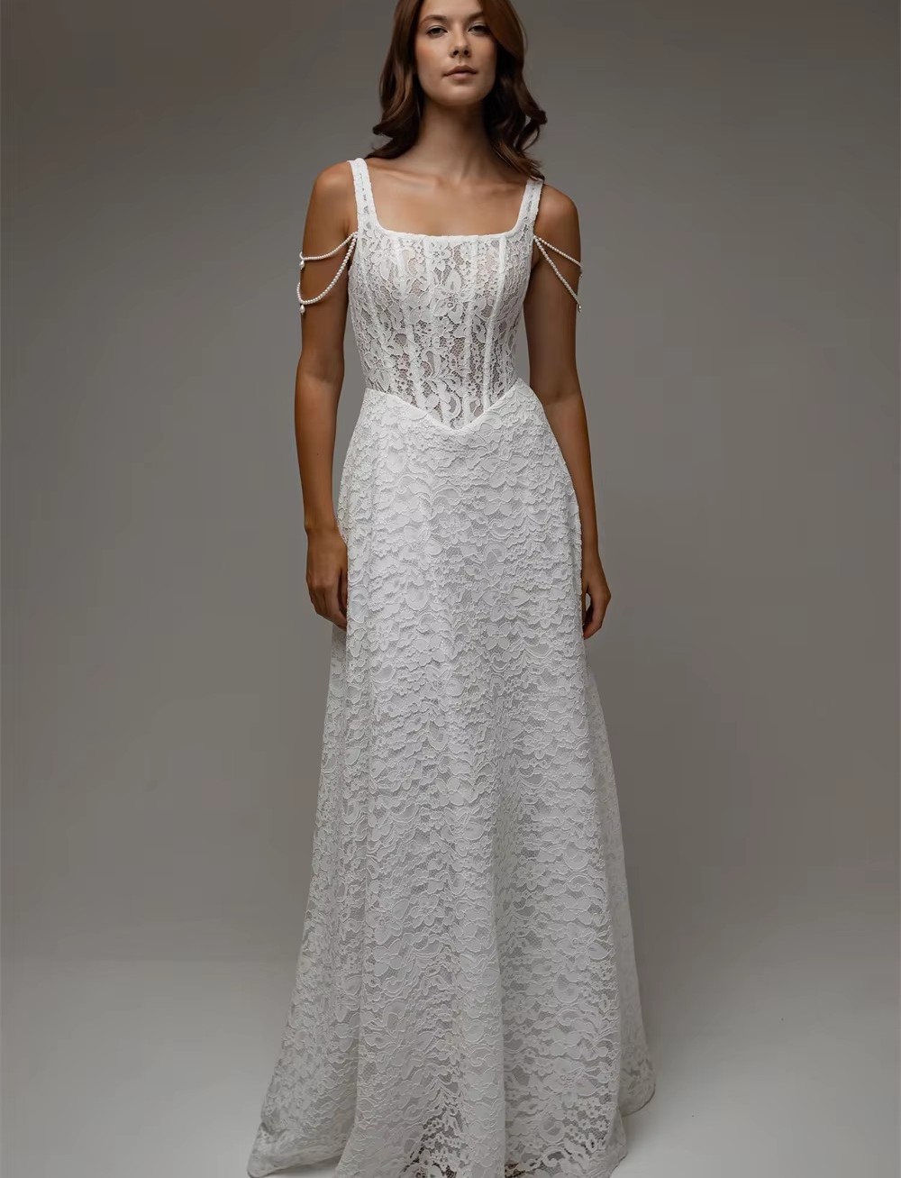 Elegant Full Lace Wedding Dress 2027 Square Neck Pearl Strap Flower Lace Floor-Length A-Line Retro Bridal Bride Gowns Party Vestidos De Novia