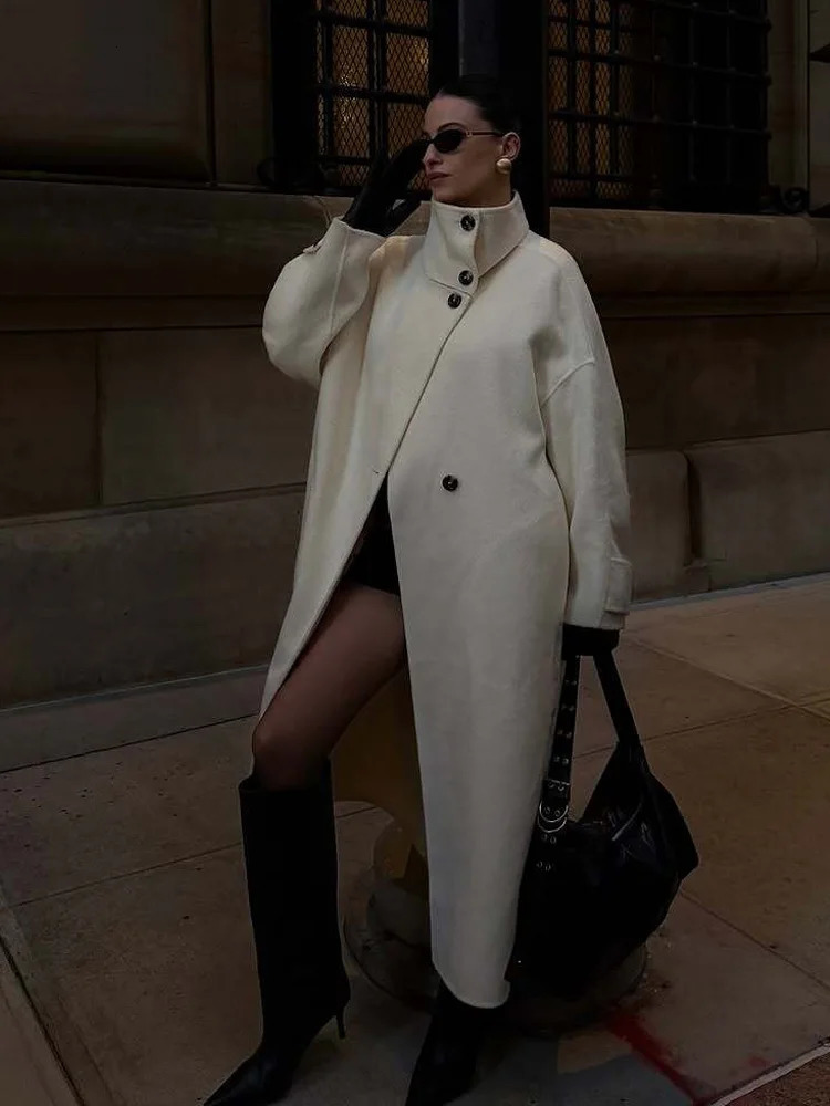 HH Women Fashion High Collar Loose Long Woolen Coat Female Simple Temperament Versatile Single Breasted Solid Street Jacket 261016