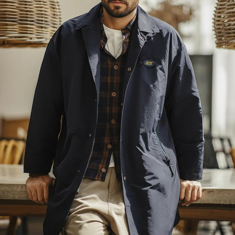 Maden Men's Vintage Balmacaan Waterproof Windbreaker Coat Single-Breasted Mid-Length Classic Collar Jacket for Spring and Autumn 261015