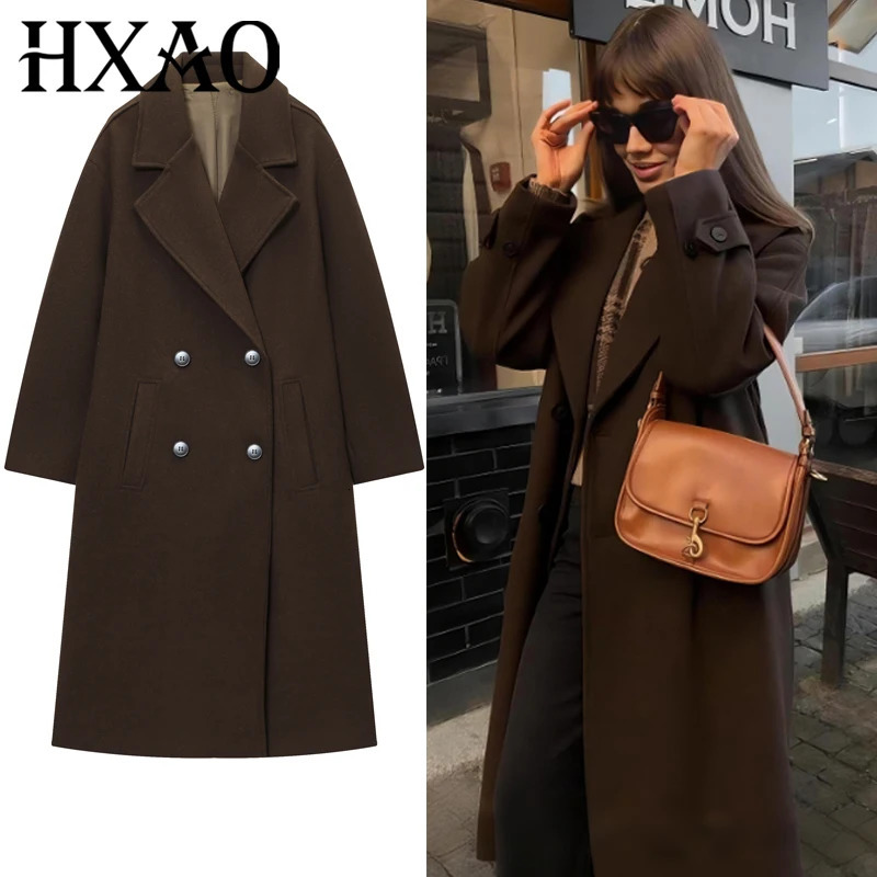 HXAO Women's Coat Brown Tweed Wool Blends Coats Demi-Season Outerwears Oversize Long Coat Woman Peacoat Long Sleeve Overcoats 261016