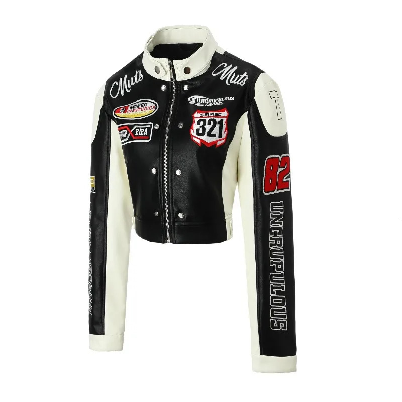 Embroidered PU Leather Racing Jacket Women Spliced Short Biker Jacket Motorcycle Outerwears Spring Autumn Women Clothes 261016