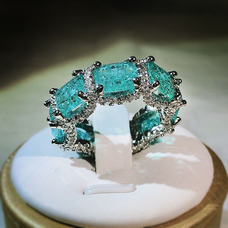 2026 1 Ct 1:1 cologne Iced Out Paraiba Color Rectangular CZ Eternity Band For Women, Teal Blue Green Stone Full Paved Silver Tone Statement Cocktail
