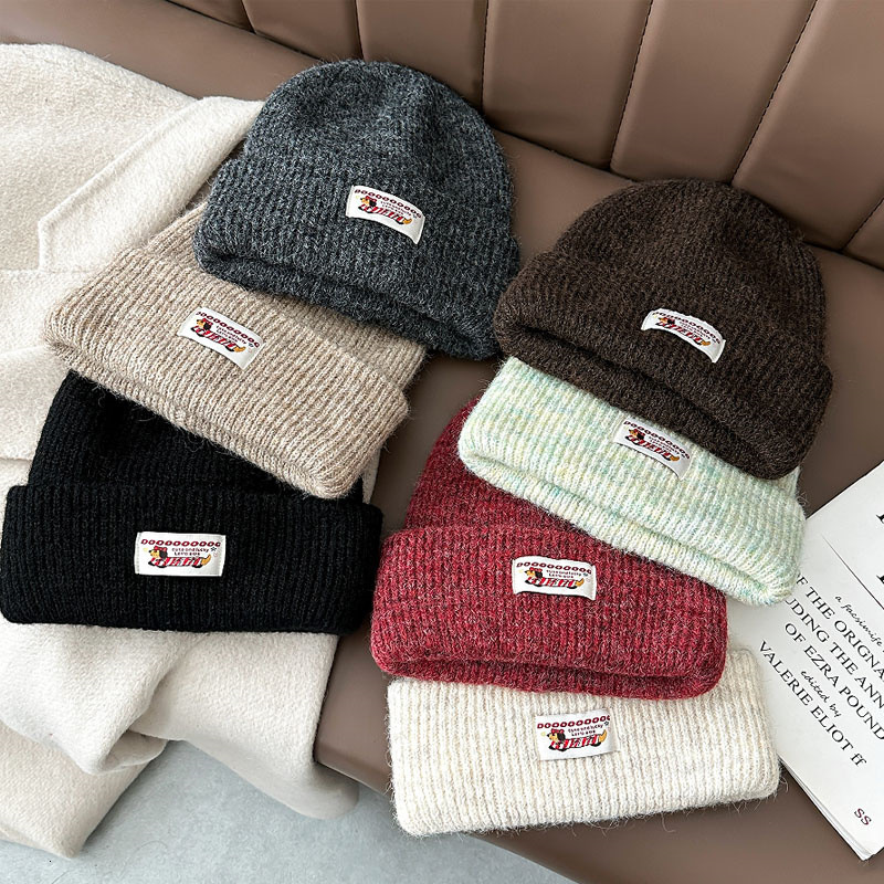 Koreanstyle knitted women warm thickened for autumn and winter earcovering faceslimming cute patchwork hat