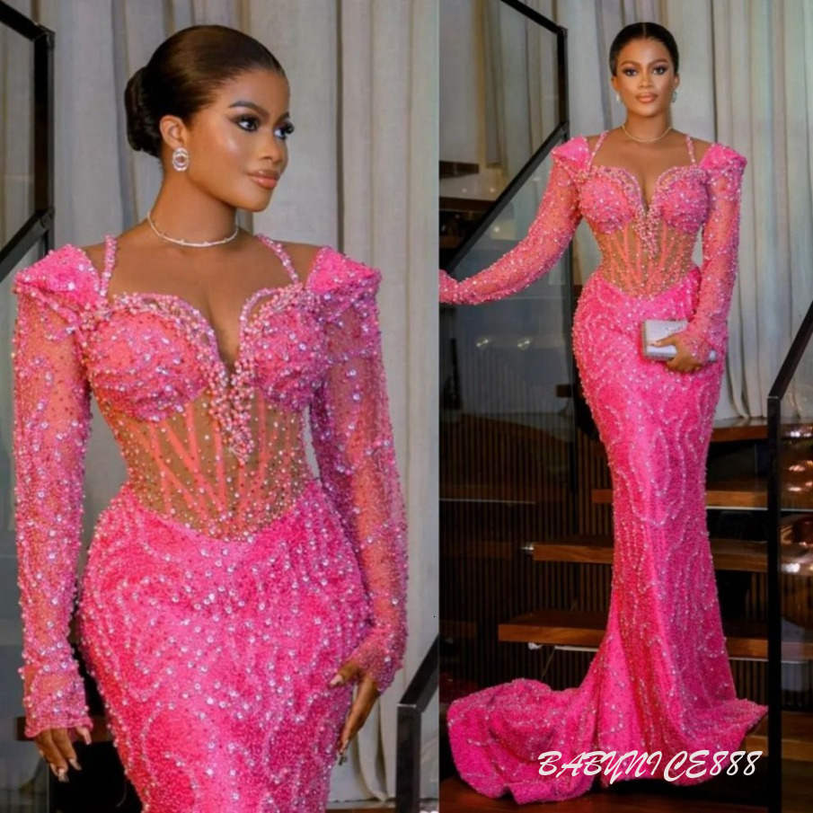 Aso Ebi Fuchsia Prom Dresses for Black Women Evening Dresses Elegant Illusion Long Sleeves Beaded Lace Sparkling Birthday Reception Gowns Dress BC20