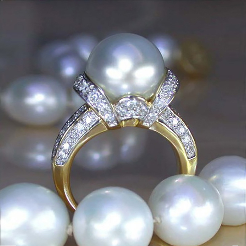 Huitan European American New Style And Elegant Zircon Pearl Gold-Plated Ring For Women Exquisite Wedding Jewelry Wholesale