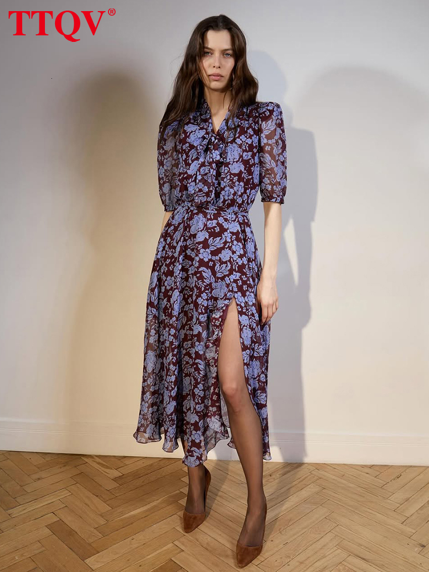 Fashion Loose Print Women's 2026 Summer V-Neck Short Sleeve Ankle Length Dresses Elegant High Waist Female Dress
