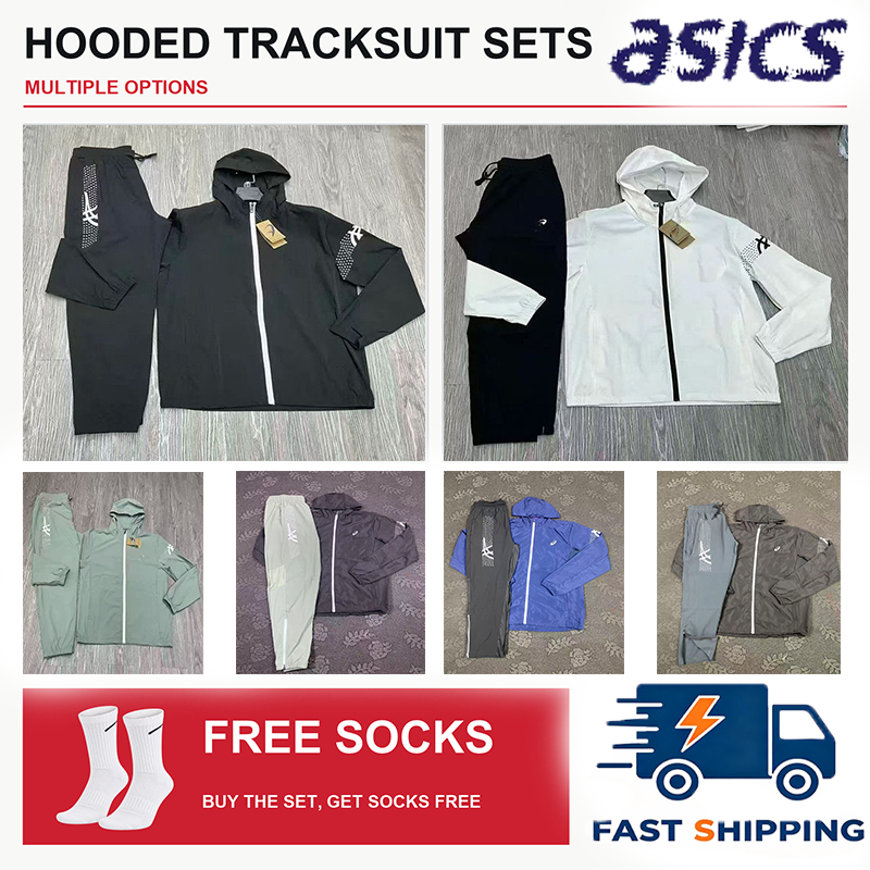 Asicsly Tracksuit Mens Breathable Reflective Print Lightweight Hooded Windbreaker Jacket Pants Quick Dry Print Jogging Training Outdoor Streetwear00