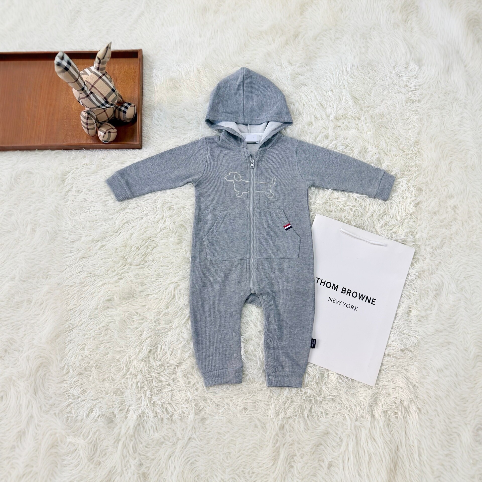 Korean version baby hoodie, spring and autumn dog embroidery jumpsuit, baby zipper outdoor clothes, soft climbing clothes