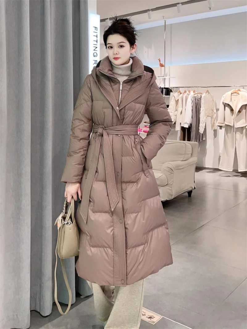 Women's Down Parkas Long Knee Length Down Cotton Jacket for Women's Clothing in Winter 2025 New Hooded Waist Cinching and Slim Cotton Jack