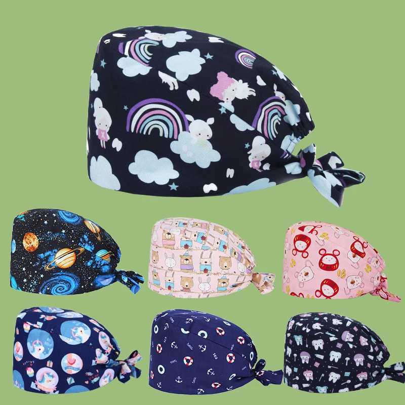 Printed Scrub Cap Women Men Euro Medical Surgical Hat 100% Cotton Tie Back Adjustable Protect Hair Sleep Bonnet Nurse Caps L261017G574