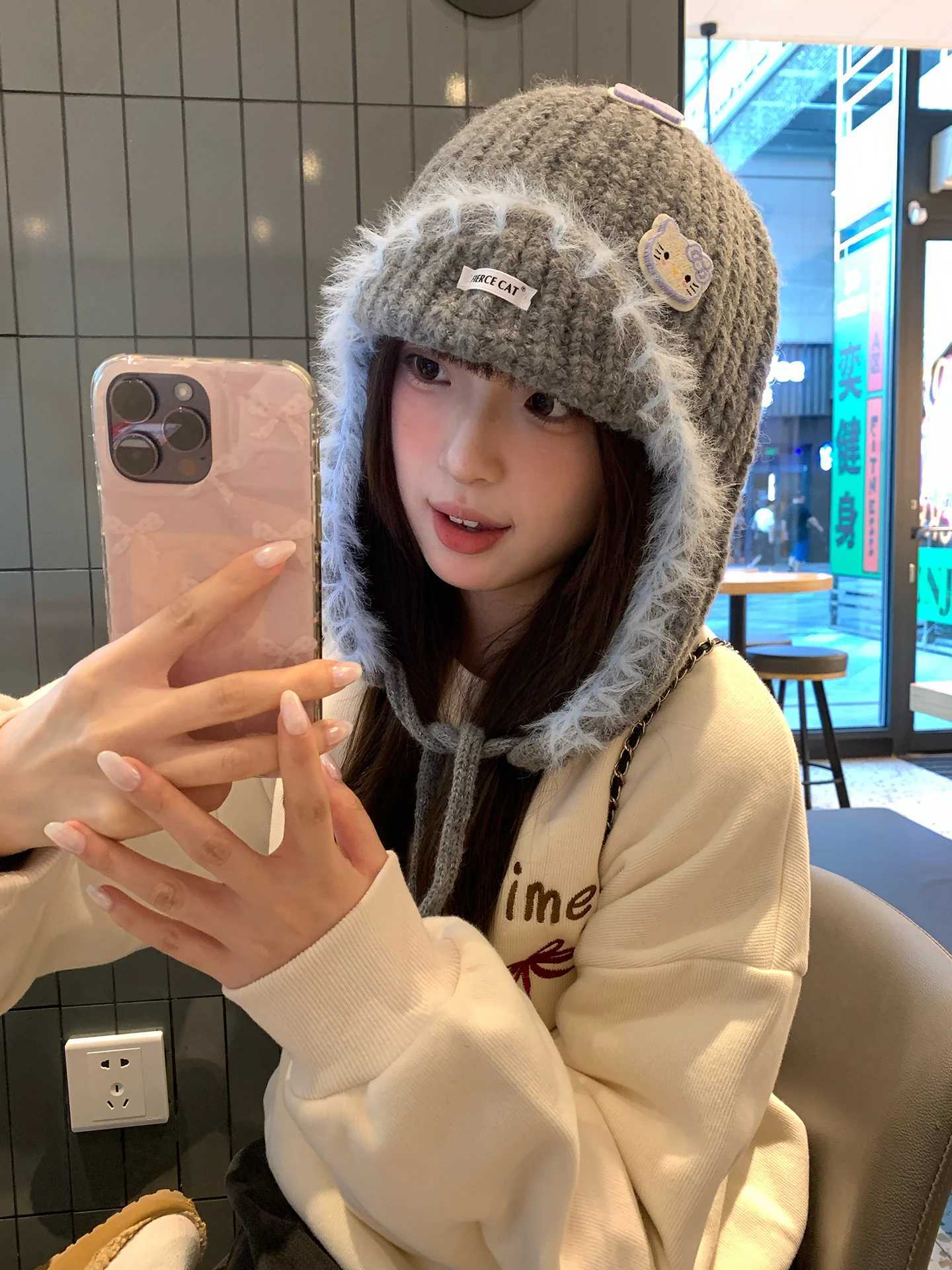 Trapper Hats Cute Cartoon Kitten Earmuffs Knitted Hat For Women In Autumn And Winter To Show A Small Face Grey BarretteT261017