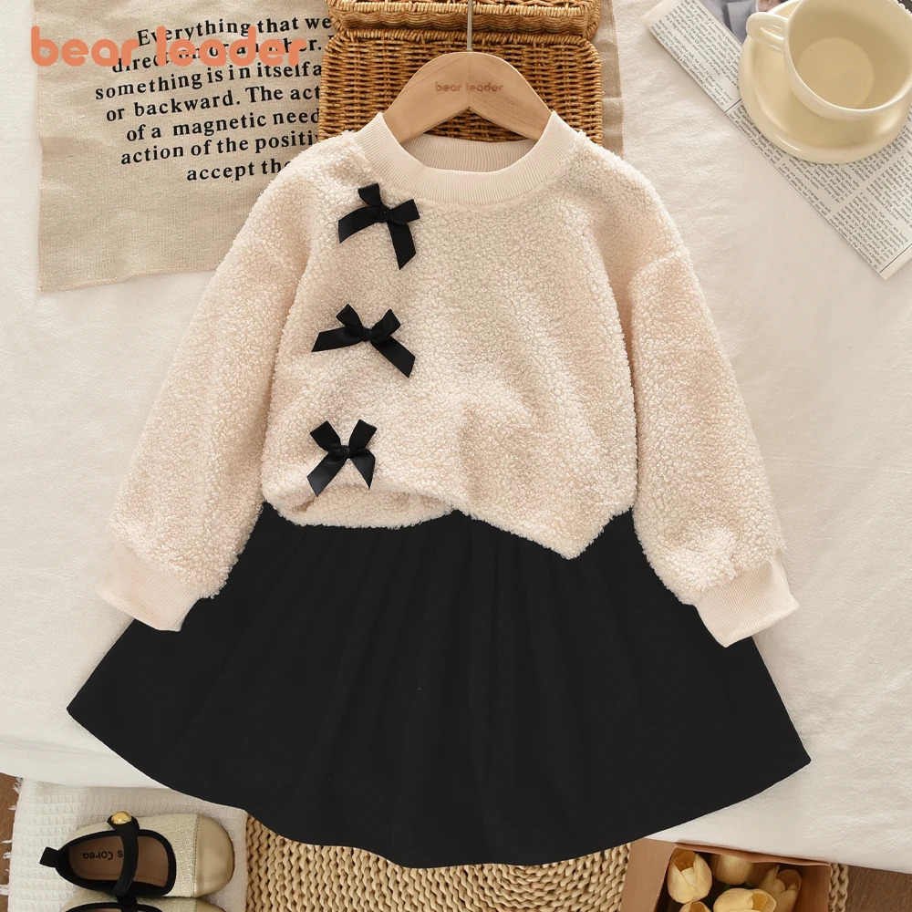 Bear Leader Autumn Winter Korean Version Beige Girls' Set Casual Kids Clothes Bow Fleece Long Sleeved Top Black Short Skirt 261015
