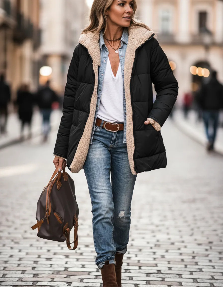 Women Puffer Down Jacket Coat 2026Winter Coats Reversible Sherpa Fleece Long Hooded Jackets