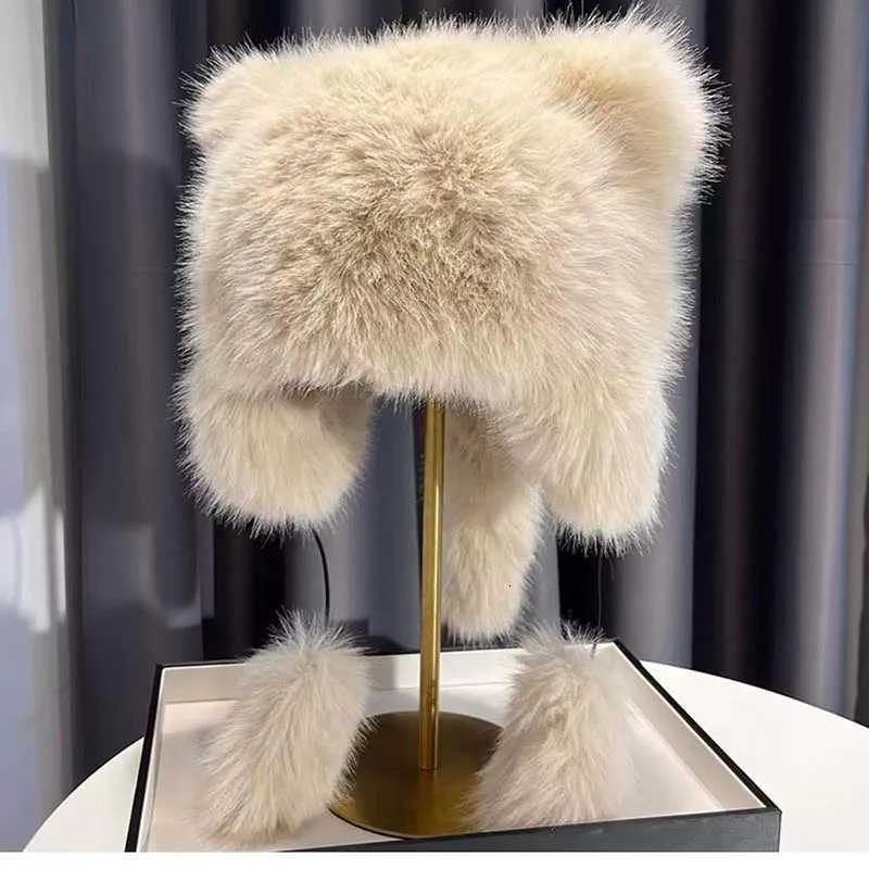 Trapper Hats New Winter Women's Warm Fox Fur Ushanka Hat Raccoon Fur Ushanka Cap Trapper Russian Woman Ski Hats Cosplay Cute Bear Ear PlushT261