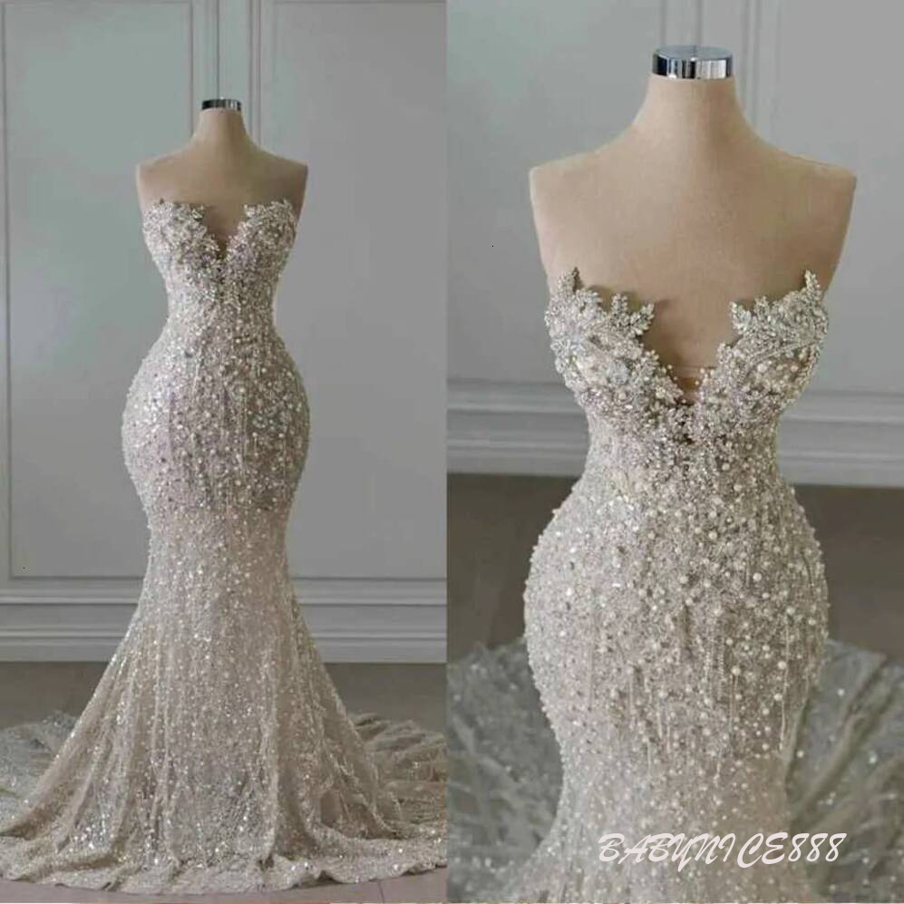 Luxury Mermaid Wedding Dress Sweetheart Neck Sleeveless Bridal Gowns Appliques Crystal Pearls Sweep Train Dresses Custom Made Vestidos De Novia