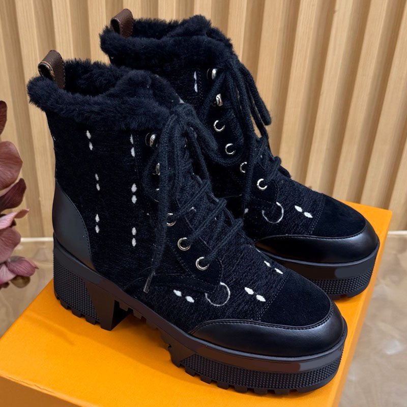 Laureate Platform Desert Boot Women Designer Printed Splicing Matte Cotton Boots Wool Lining Soft Warm Texture Cotton Shoes Elevated Thick Bottom Ou