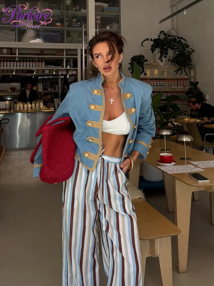 Light Blue Denim Cropped Napoleon Jacket Women Mandarin Stand Collar Single Breasted Contrast Long Sleeve Coats Street Outerwear 261016