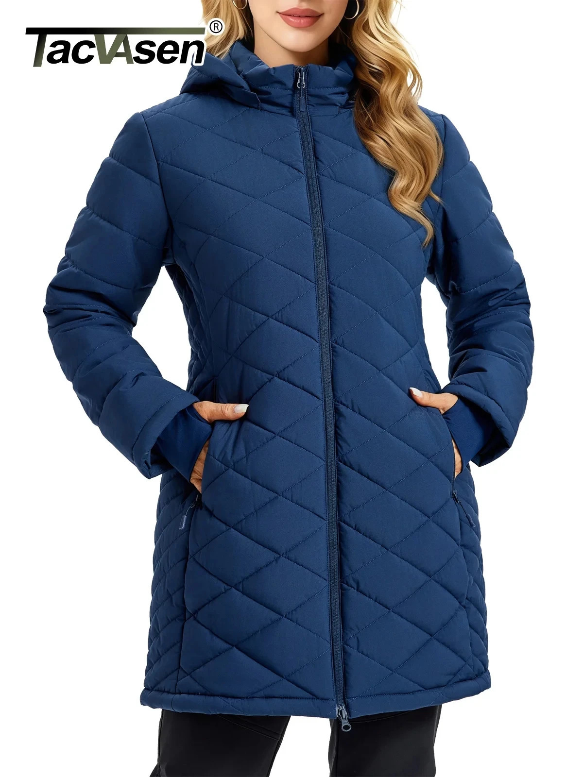 TACVASEN Womens Long Quilted Puffer Hood Jackets Winter Lightweight Warm Insulated Coat Windproof Waterproof Parkas with Pockets 261015
