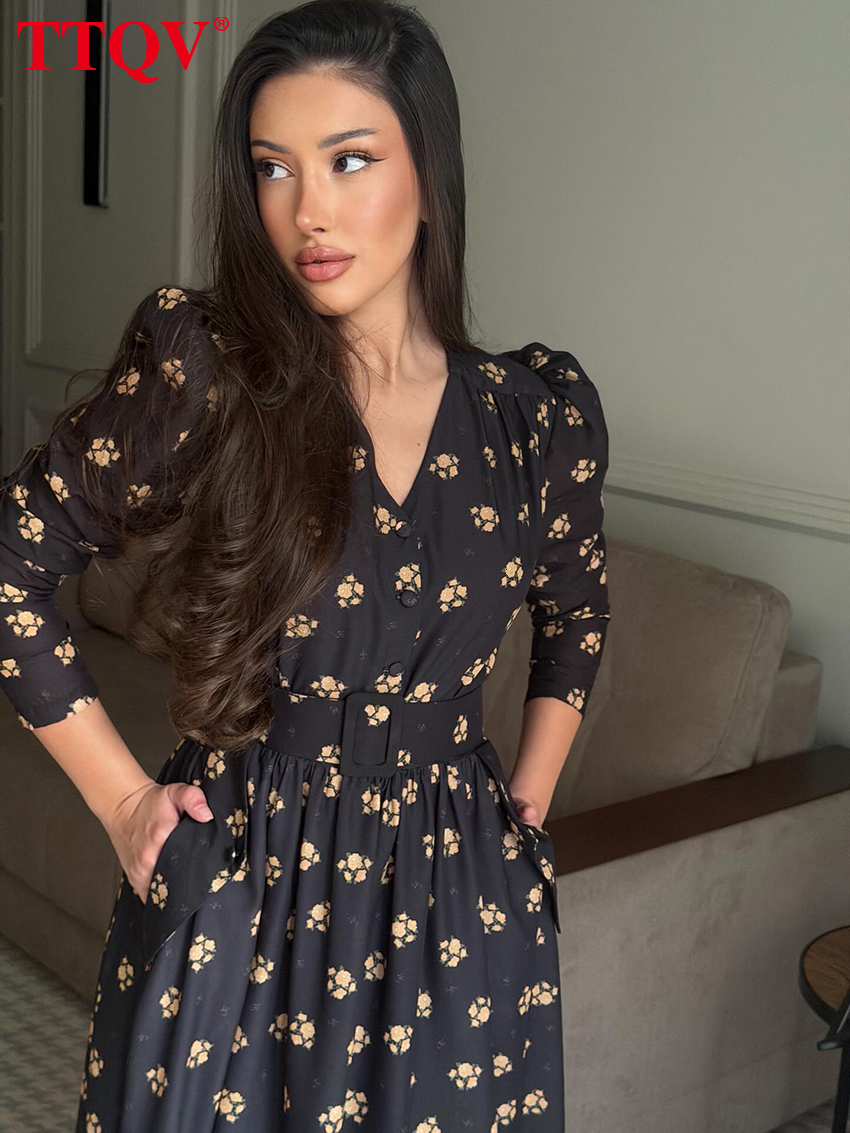 Fashion Loose Print Women's 2026 Sexy V-Neck Long Sleeve Ankle Length Dresses Elegant Classic High Waist Female Dress