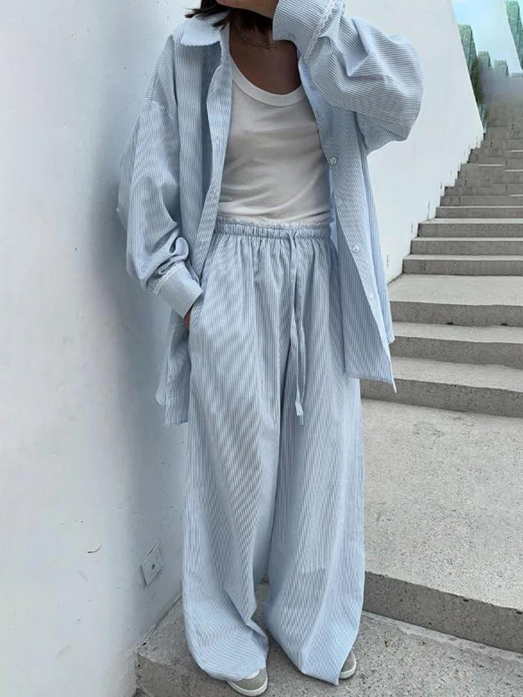 Yellow Striped Shirt Pants 2 Piece Sets Cotton Classic Two-piece Suit Female Long Sleeve Shirt 2026 Lady Casual Commute Outfit 261015