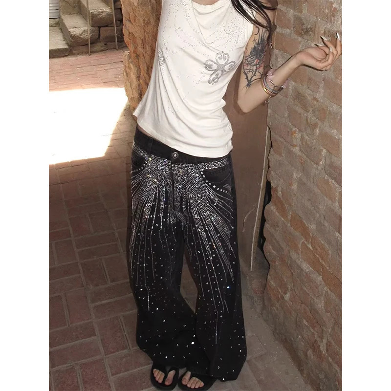 American Vintage Hip-hop High Waist Print Jeans Pants Women's Casual Baggy Y2K Wide Leg Grunge Streetwear Style Denim Trouser 261013