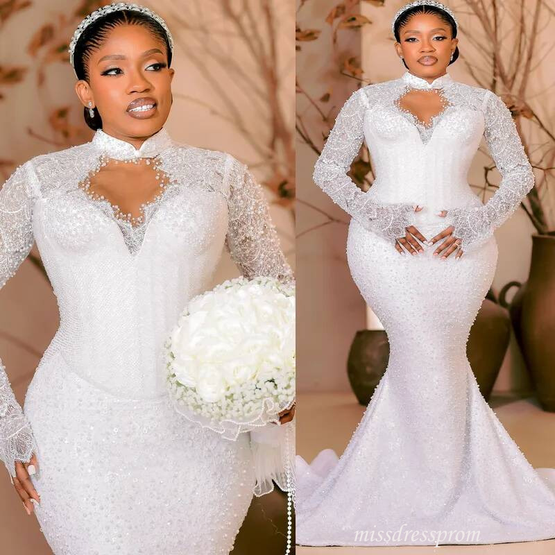 African Arabic Off White Bride Mermaid Wedding Gowns High Neck Sexy Crystals Beaded Lace Rhinestones Bridal Dress For Marriage D952