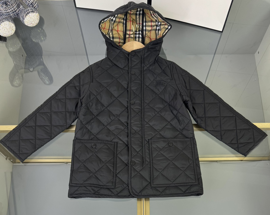 Kids Quilted Hooded Coat Boys Girls Warm Plaid Lined Cotton Jacket Mid Length Toddler Teen Outerwear Black Khaki Winter Children Coat Size 110-160CM