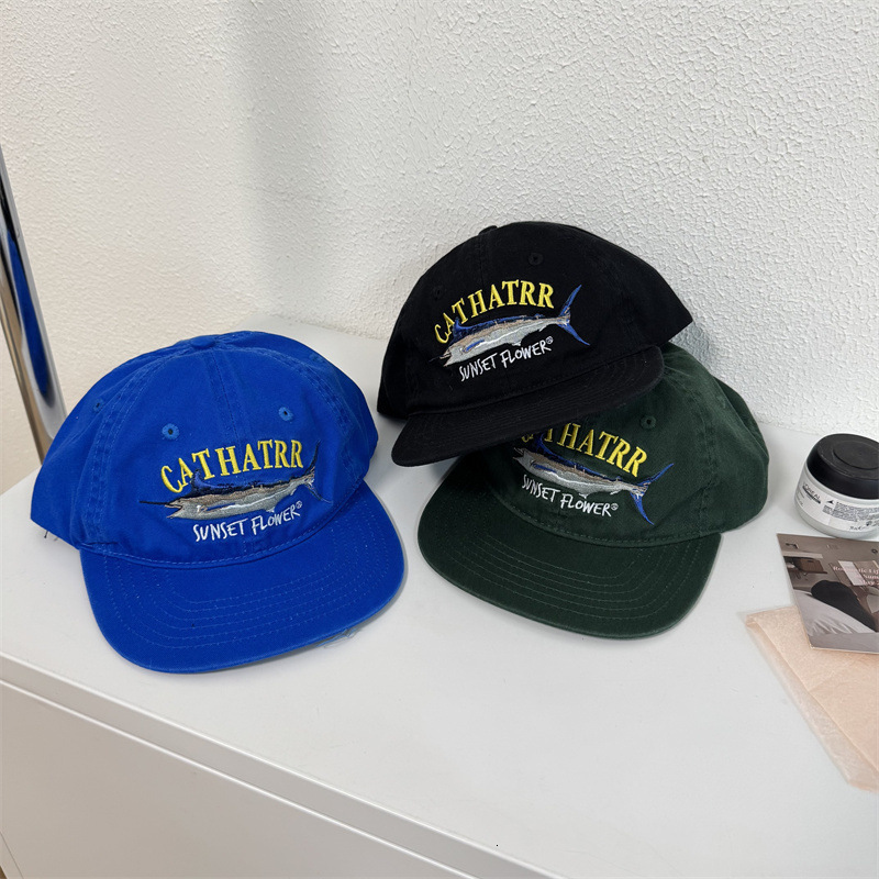Korean INS Blogger Style Royal Blue Letter Washed Spring Summer Flat Brim Retro Embroidered Baseball Cap Trend