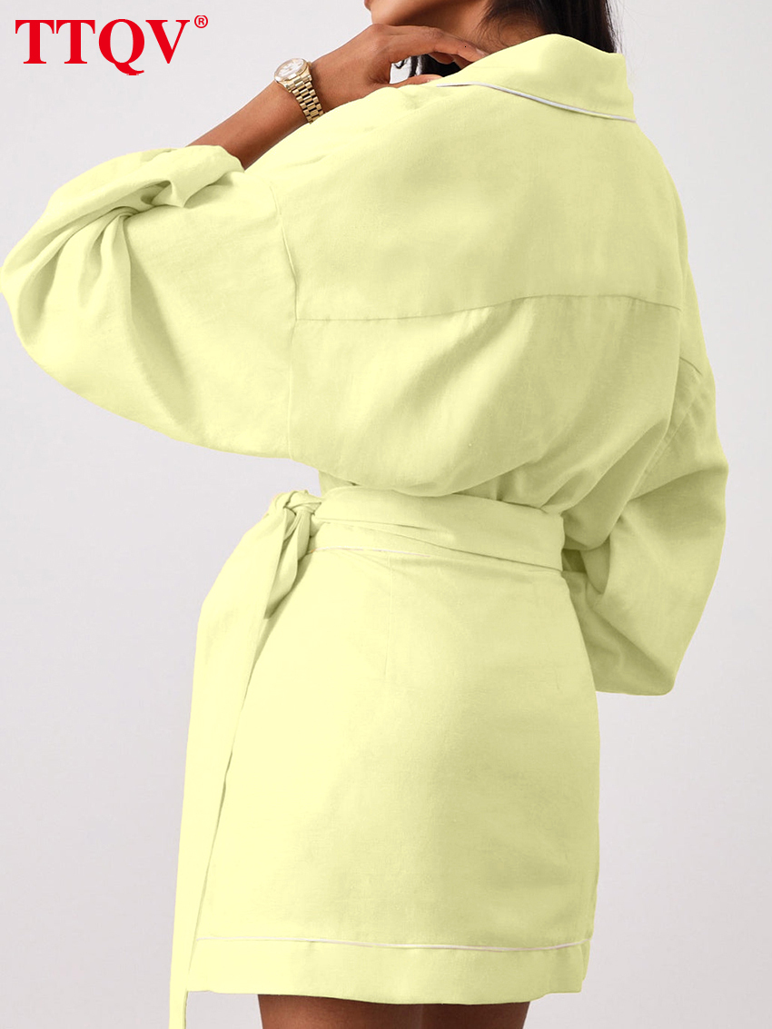 Fashion Loose Yellow Cotton Women's Two Pieces 2026 Elegant Long Sleeve Shirt With High Waist Mini Skirt Set Female