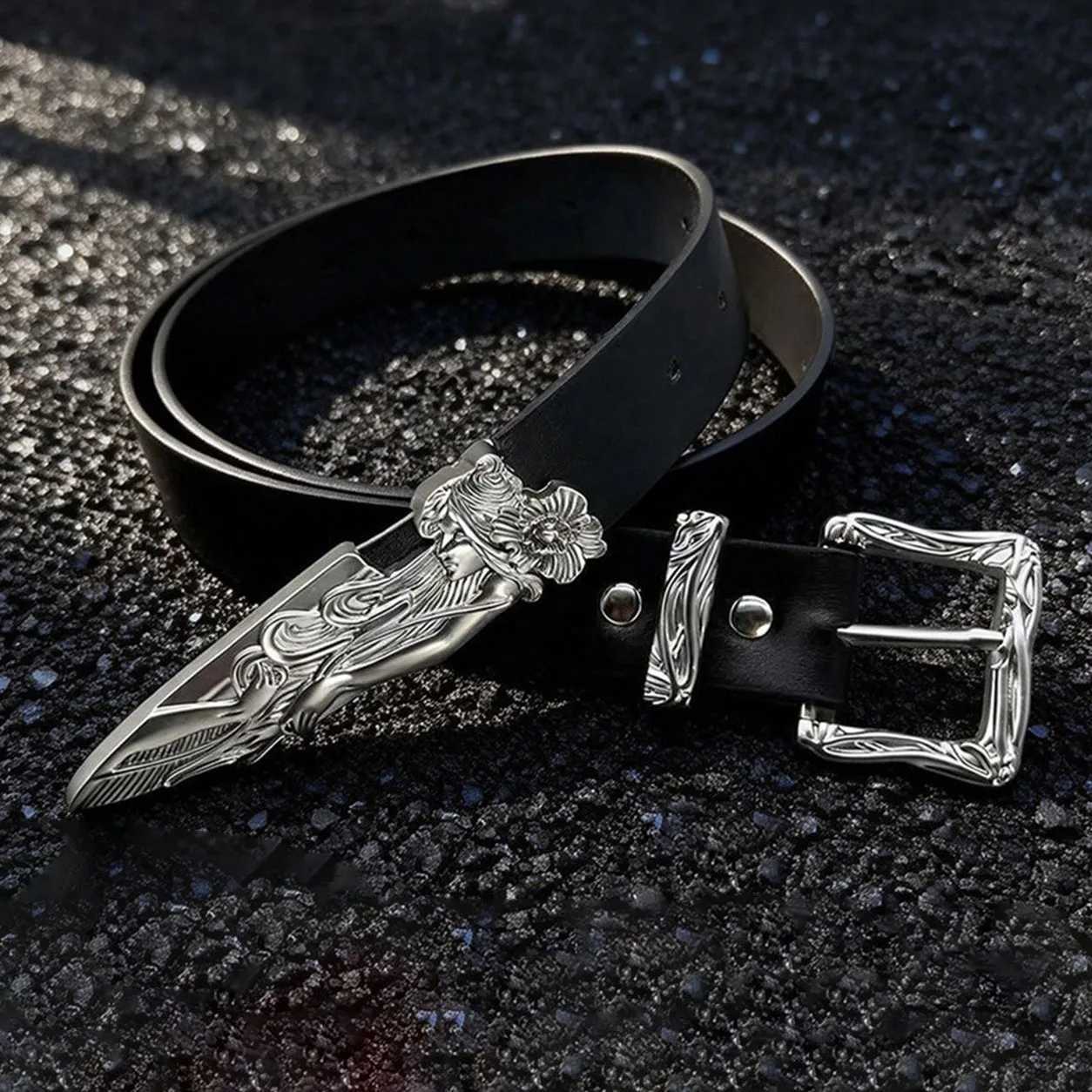Men Women Retro Western Belt Punk Personality Street Decor Waist Belt Alloy Engraved Buckle PU Leather Belt for Denim Pants S261017W7XB