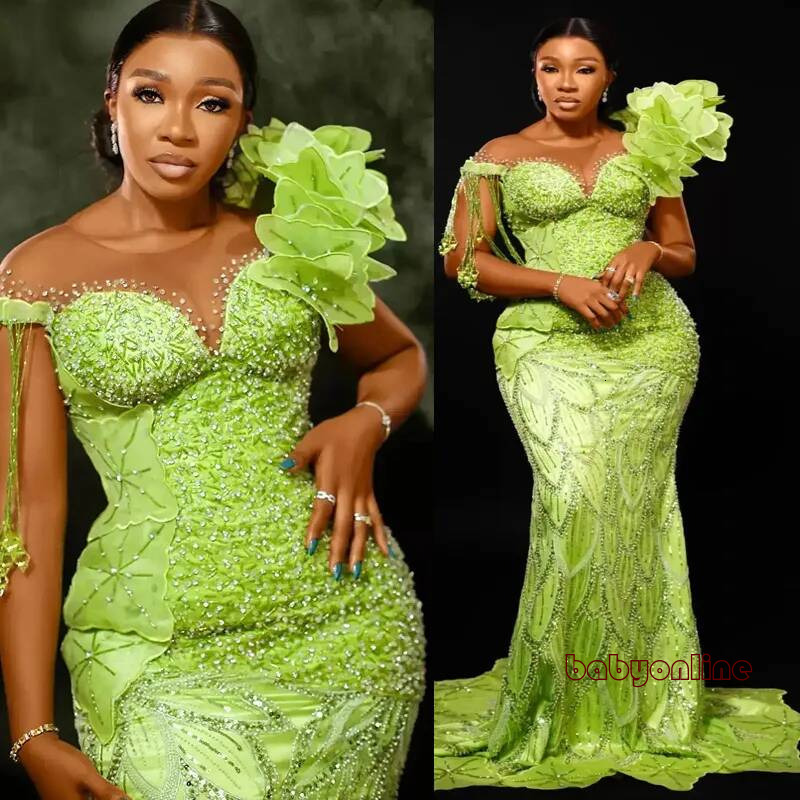 Plus Size Green Mermaid Prom Dress Evening Dresses Robe De Sorrie Sheer Neck Long Sleeves Pearls Beaded Lace Crystal Birthday Second Reception Gown