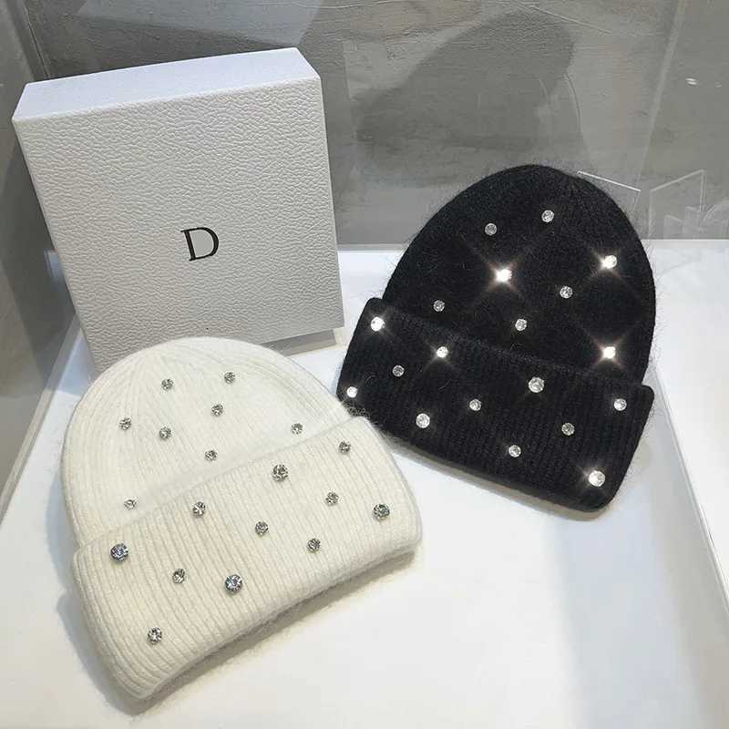Beanie/Skull Caps Luxury Rhinestone Beads Knitted Hat Korean Women Rabbit Fur Wool Skullies Cap Winter Fashion Thickened Warm Bonnet Beaanies Q26101