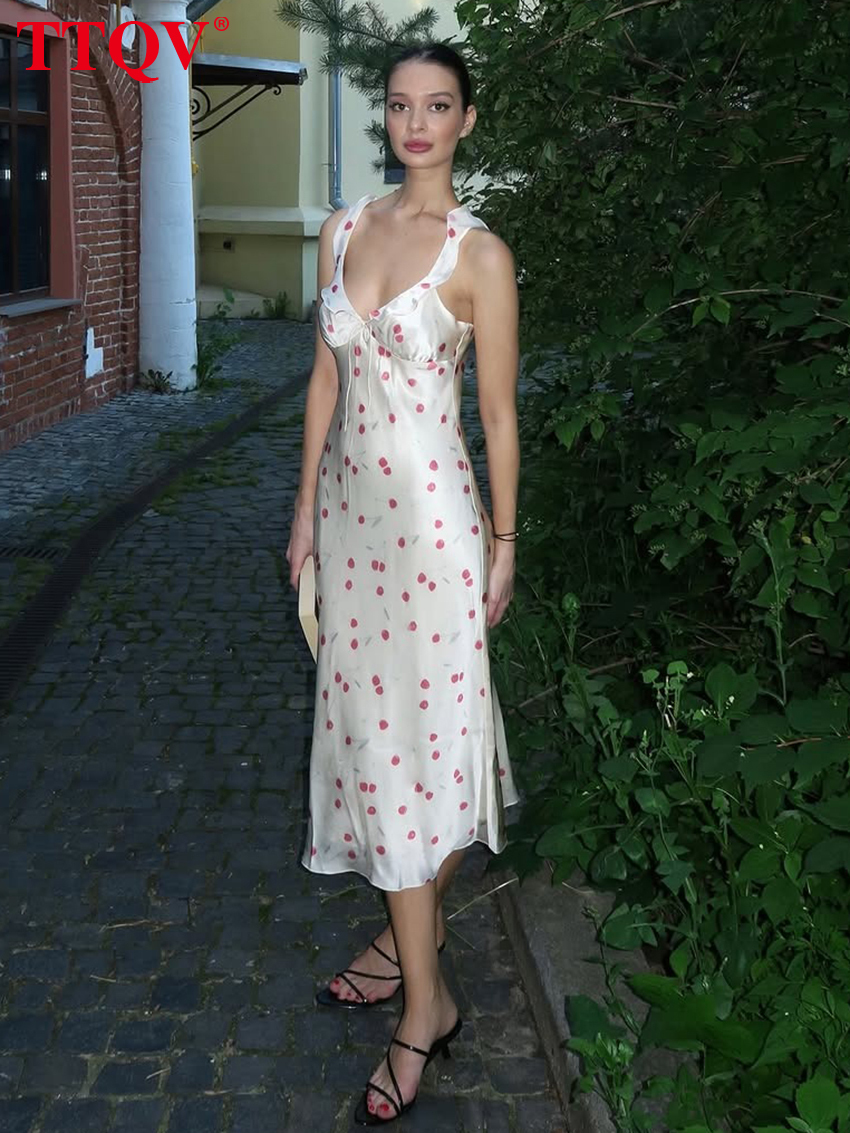 Sexy Loose Print Womens Dresses 2026 Summer V-Neck Sleeveless Midi Elegant Classic Lace-Up Female Dress Streetwear