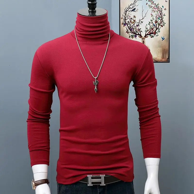 Mens Classic Autumn Winter Turtleneck TShirt Dark Red Stretch Casual Top Plus Size Long Sleeve Tee Shirts Young Men 261016