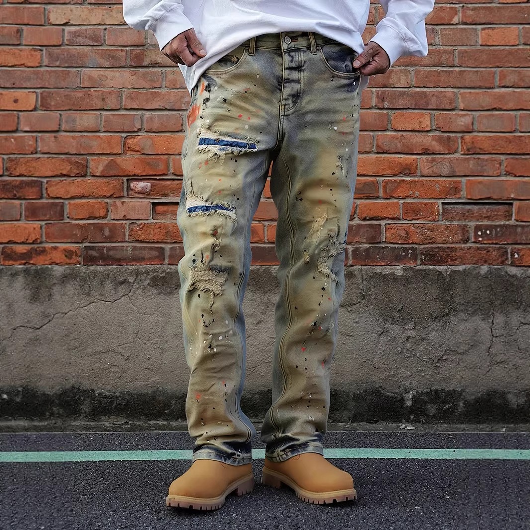 Men Straight Leg Jeans Retro European American Style Distressed Ripped Denim Pants Trendy Streetwear Casual Daily Wear Versatile Long Trousers For G