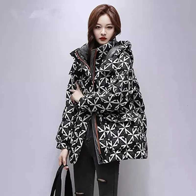Women's Down Parkas Autumn and Winter Zipper Cardigan Printed Fashionable Printed Cotton Clothing Women's Mid-length Hooded Loose Coat Top