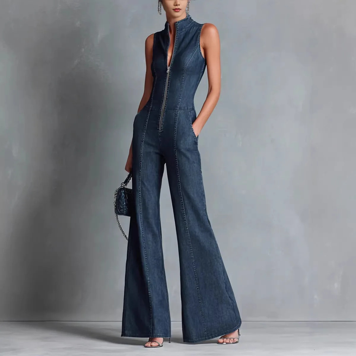 Streetwear Women's Denim Sleeveless Flare Jumpsuit High Neck Front Zip Wide Leg Overalls Casual Cargo Denim Jumpsuit 261015