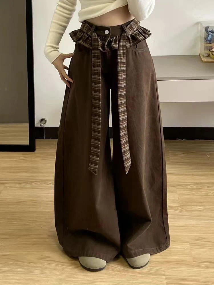 Vintage Patchwork Coffee Jeans Women High Waist Stitching Lace Up Loose Wide Leg Denim Pants Y2K Streetwear Straight Trousers 261016