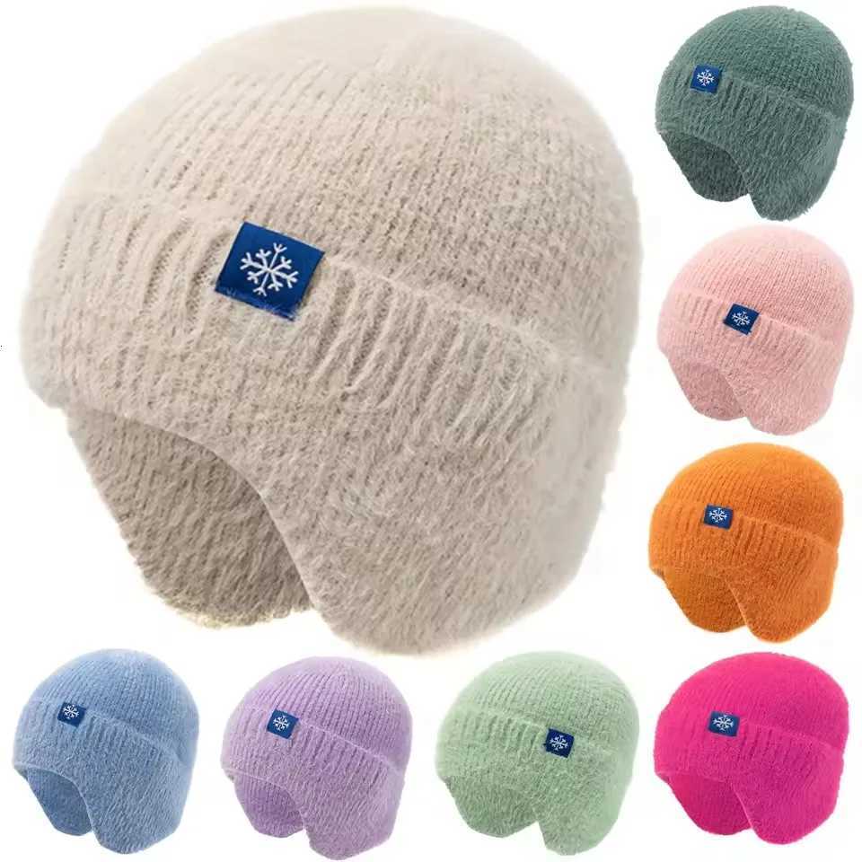 Trapper Hats 1pc Women Earflap Winter Hat Candy Colors Fashion Faux Fur Knitted Hat Kpop Style Soft Beanie Hats Female Streetwear CapT261017